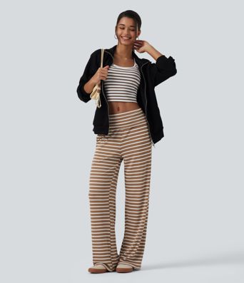 Pantalon en maille côtelée à rayures, taille mi-haute et coupe large avec poches
