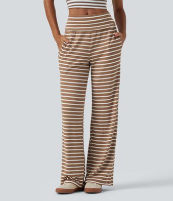 Pantalon en maille côtelée à rayures, taille mi-haute et coupe large avec poches