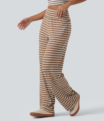 Pantalon en maille côtelée à rayures, taille mi-haute et coupe large avec poches