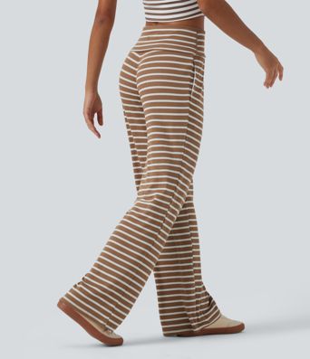 Pantalon en maille côtelée à rayures, taille mi-haute et coupe large avec poches