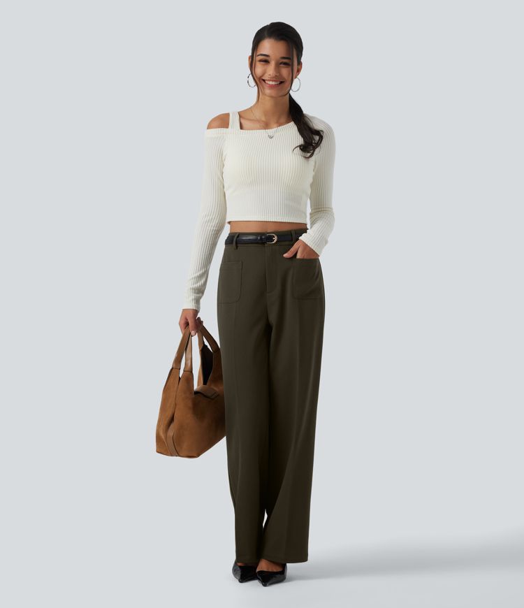 High Waisted Straight Leg Work Pants with Pockets
