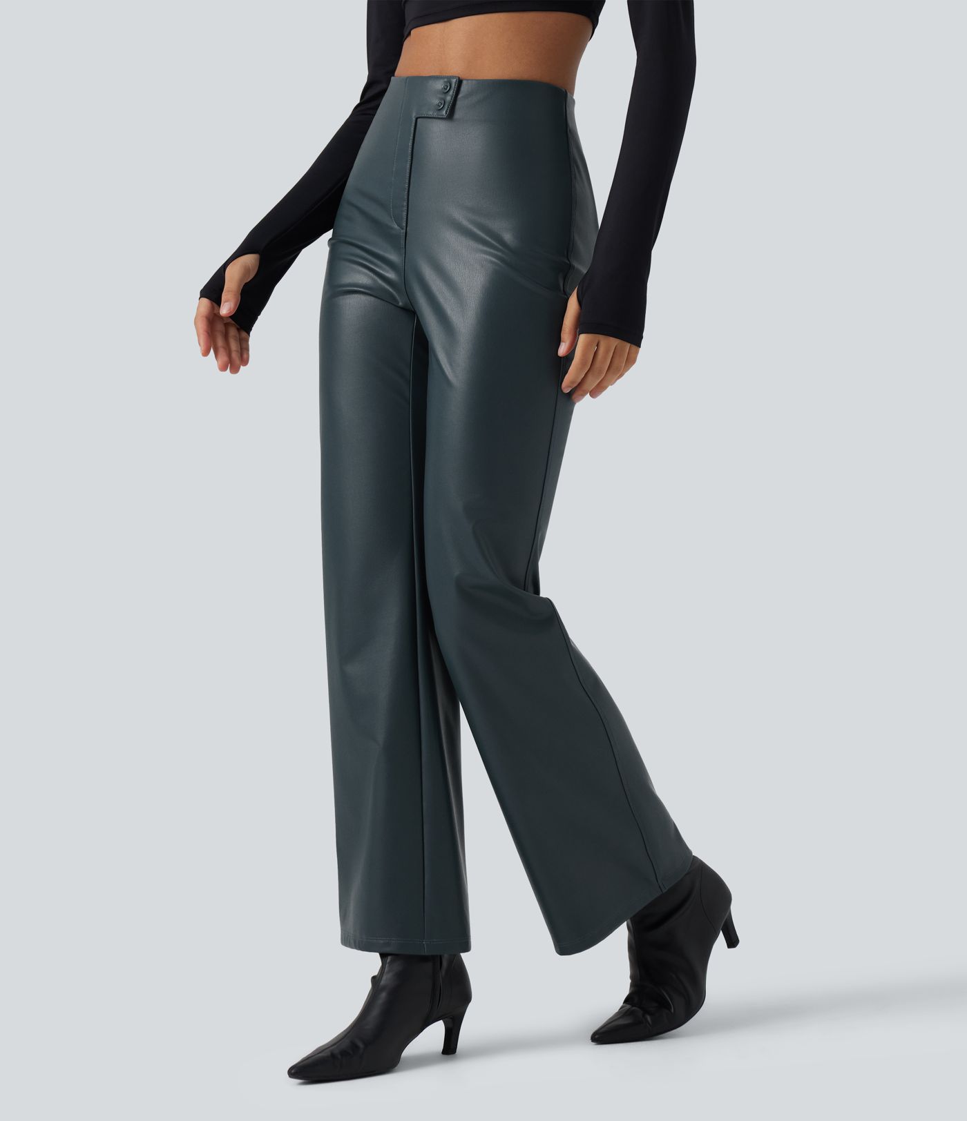 High Waisted Stretchy PU Fleece Casual Bootcut Pants with Pockets