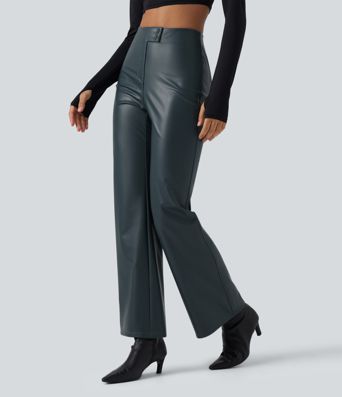 High Waisted Stretchy PU Fleece Casual Bootcut Pants with Pockets