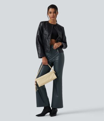 High Waisted Stretchy PU Fleece Casual Bootcut Pants with Pockets