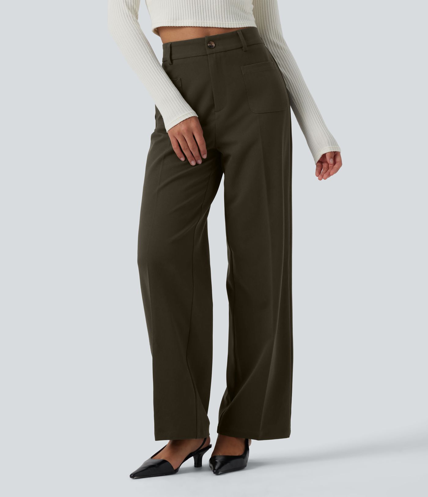 High Waisted Straight Leg Work Pants with Pockets