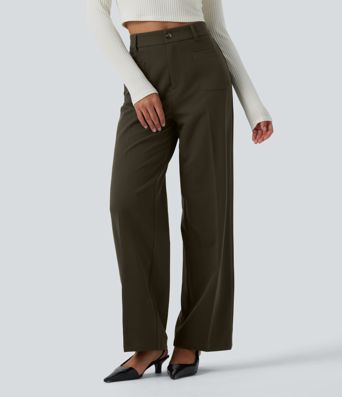 High Waisted Straight Leg Work Pants with Pockets