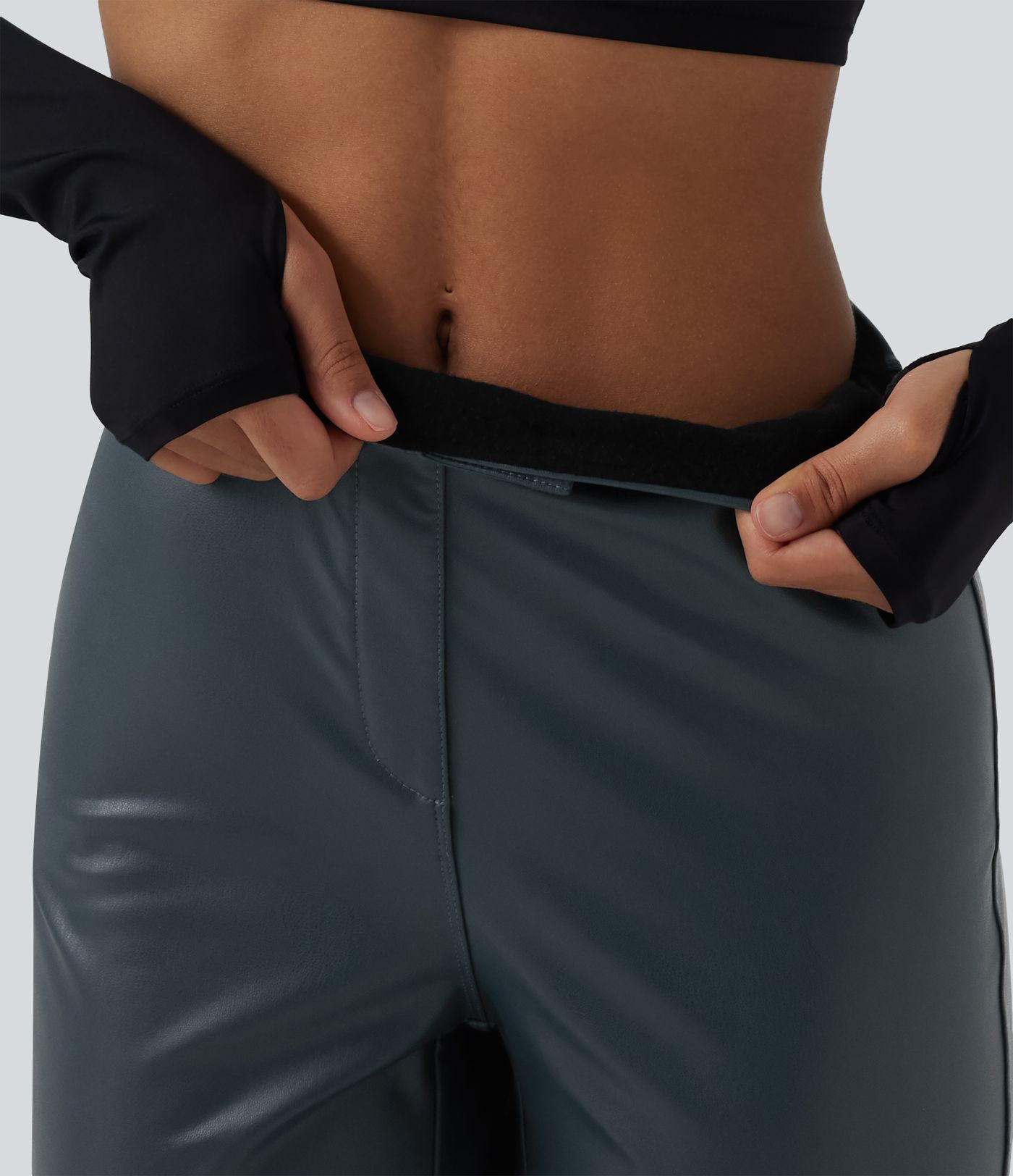 High Waisted Stretchy PU Fleece Casual Bootcut Pants with Pockets