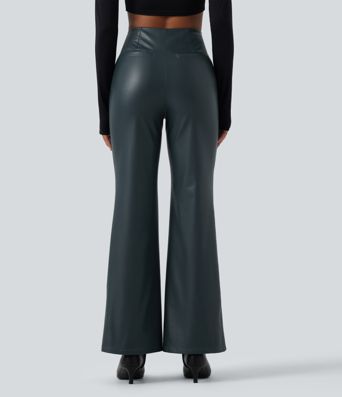 High Waisted Stretchy PU Fleece Casual Bootcut Pants with Pockets