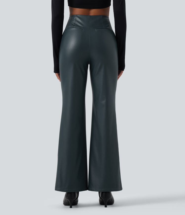 High Waisted Stretchy PU Fleece Casual Bootcut Pants with Pockets