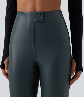 High Waisted Stretchy PU Fleece Casual Bootcut Pants with Pockets