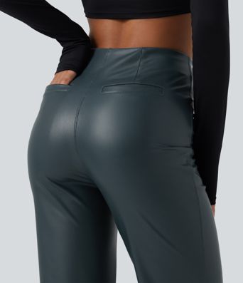 High Waisted Stretchy PU Fleece Casual Bootcut Pants with Pockets