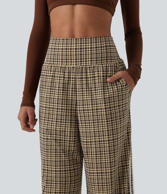 Laufhose mit hohem Bund, Seitentaschen, Bauchkontrolle, Karomuster und weitem Bein Laufhose mit hohem Bund, Seitentaschen, Bauchkontrolle, Karomuster und weitem Bein
