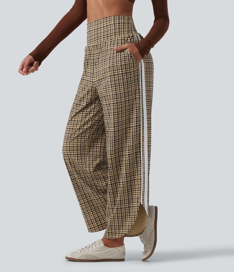 High Waisted Tummy Control Plaid Wide Leg Running Pants with Pockets