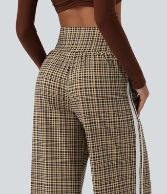 Laufhose mit hohem Bund, Seitentaschen, Bauchkontrolle, Karomuster und weitem Bein Laufhose mit hohem Bund, Seitentaschen, Bauchkontrolle, Karomuster und weitem Bein