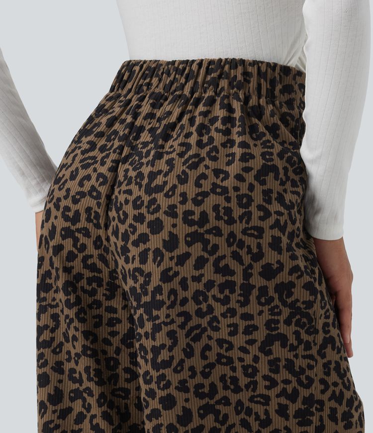High Waisted Leopard Print Wide Leg Corduroy Casual Trousers with Pockets