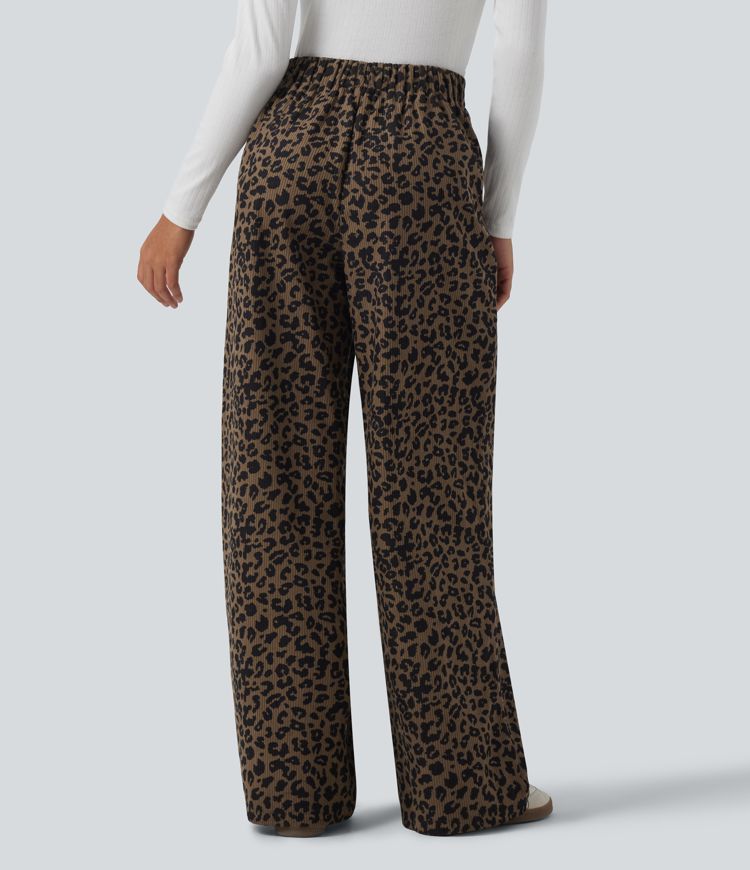 High Waisted Leopard Print Wide Leg Corduroy Casual Trousers with Pockets