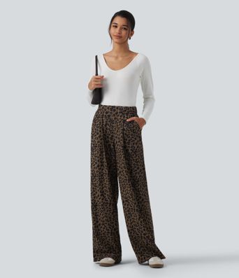 High Waisted Leopard Print Wide Leg Corduroy Casual Trousers with Pockets