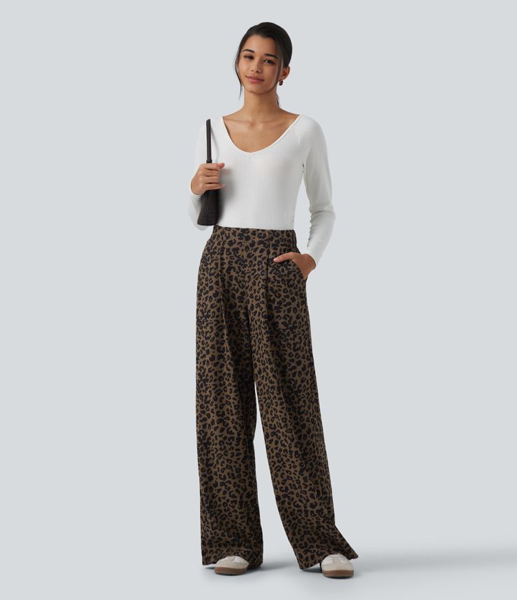 High Waisted Leopard Print Wide Leg Corduroy Casual Trousers with Pockets