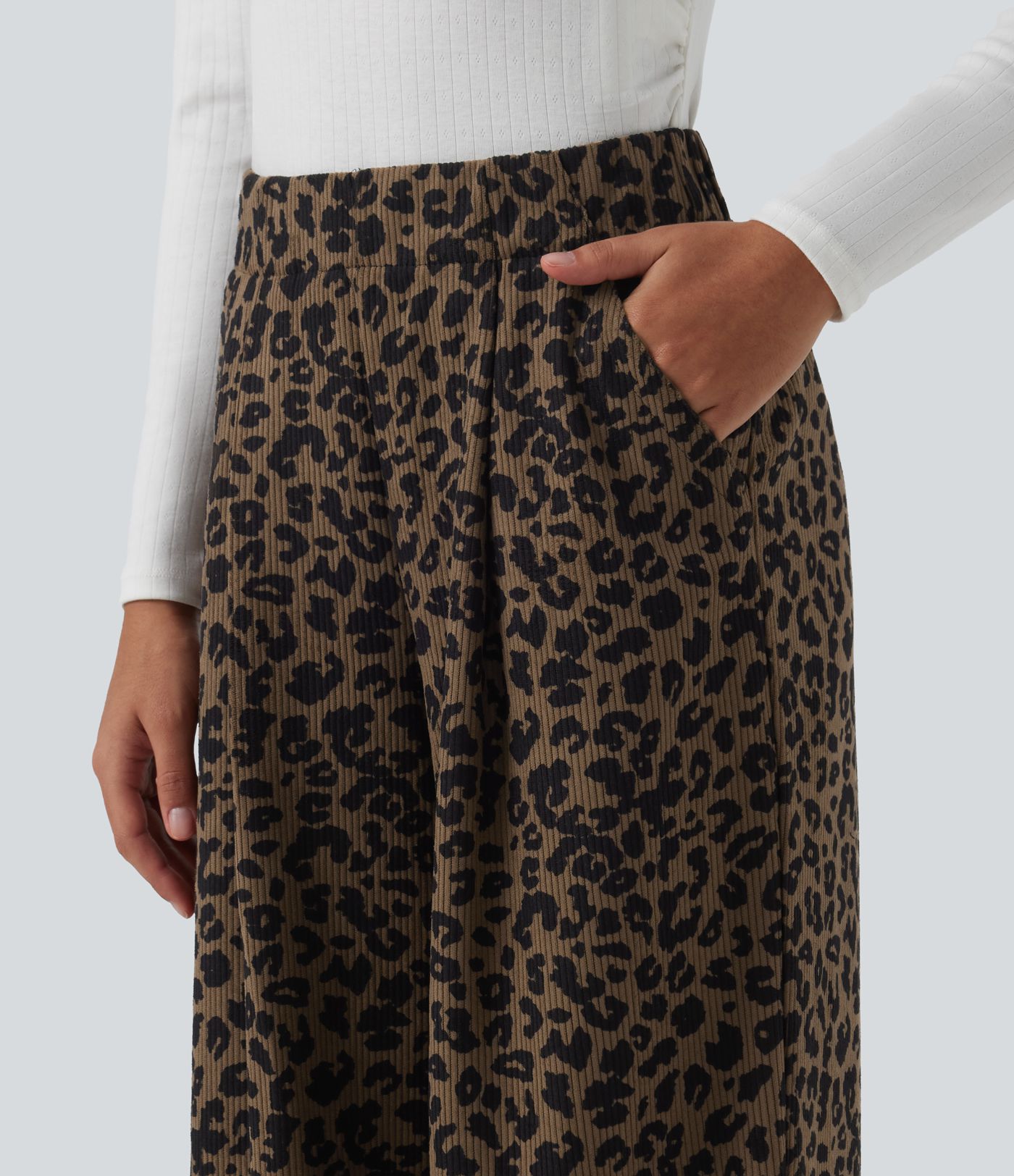 High Waisted Leopard Print Wide Leg Corduroy Casual Trousers with Pockets