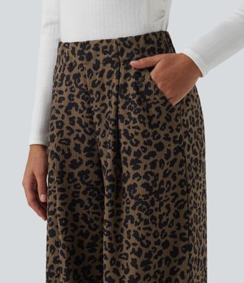 High Waisted Leopard Print Wide Leg Corduroy Casual Trousers with Pockets