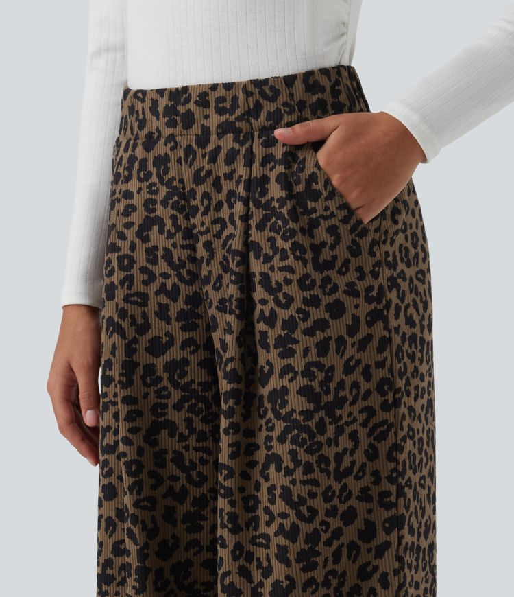 High Waisted Leopard Print Wide Leg Corduroy Casual Trousers with Pockets
