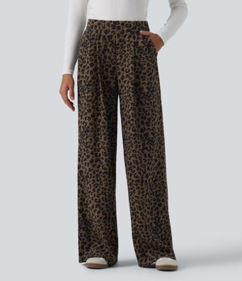 High Waisted Leopard Print Wide Leg Corduroy Casual Trousers with Pockets