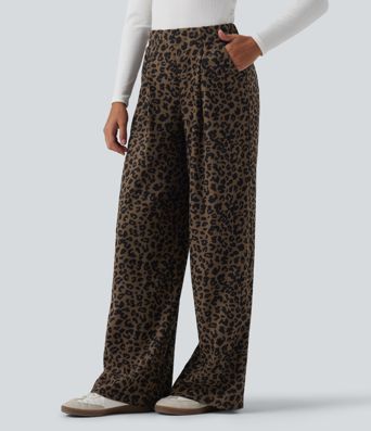 High Waisted Leopard Print Wide Leg Corduroy Casual Trousers with Pockets