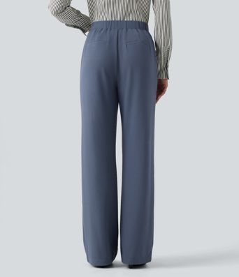 High Waisted Straight Leg Pintuck Waffle Work Pants with Pockets