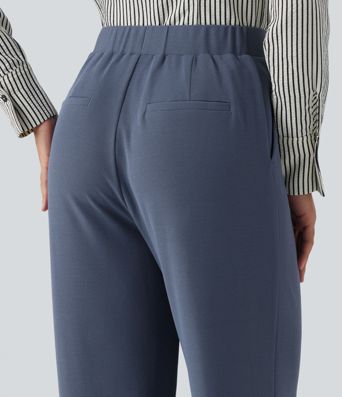 High Waisted Straight Leg Pintuck Waffle Work Pants with Pockets