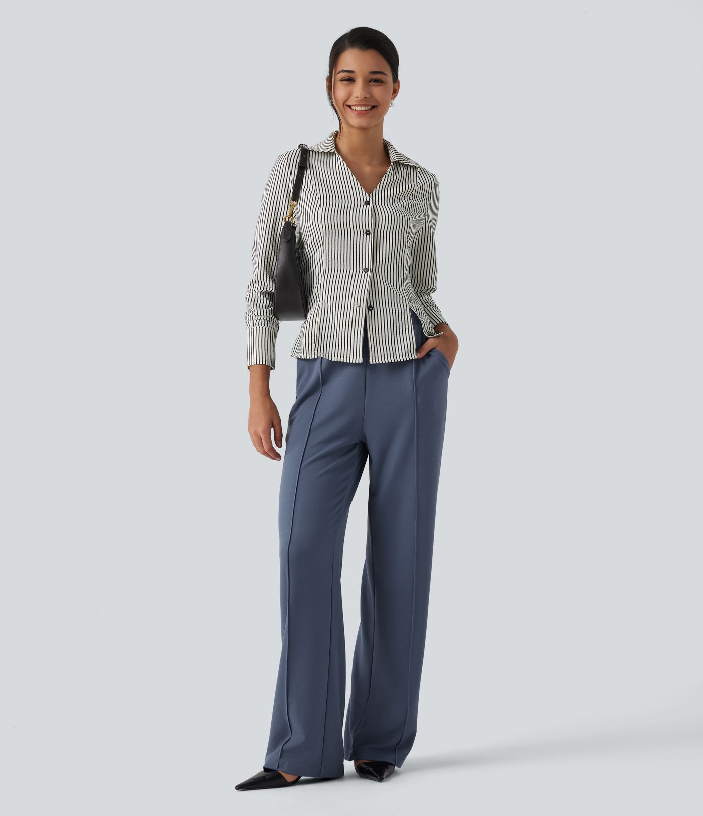 High Waisted Straight Leg Pintuck Waffle Work Pants with Pockets