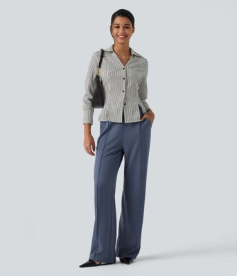 High Waisted Straight Leg Pintuck Waffle Work Pants with Pockets