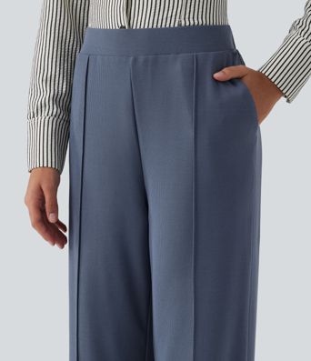 High Waisted Straight Leg Pintuck Waffle Work Pants with Pockets