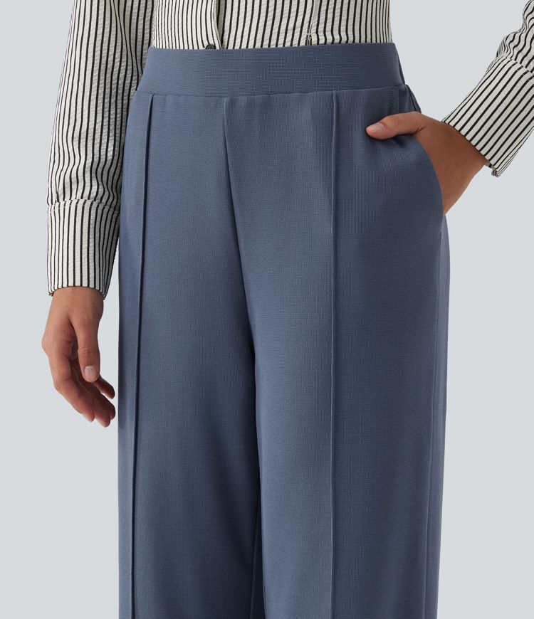 High Waisted Straight Leg Pintuck Waffle Work Pants with Pockets