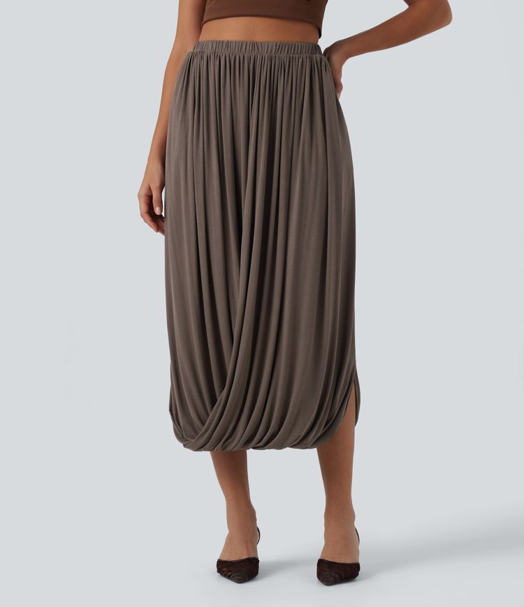 Ribbed Knit High Waisted Crossover Asymmetric Midi Casual Bubble Skirt