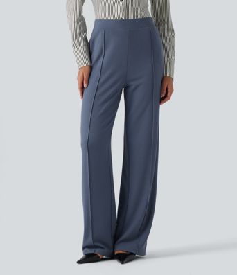 High Waisted Straight Leg Pintuck Waffle Work Pants with Pockets