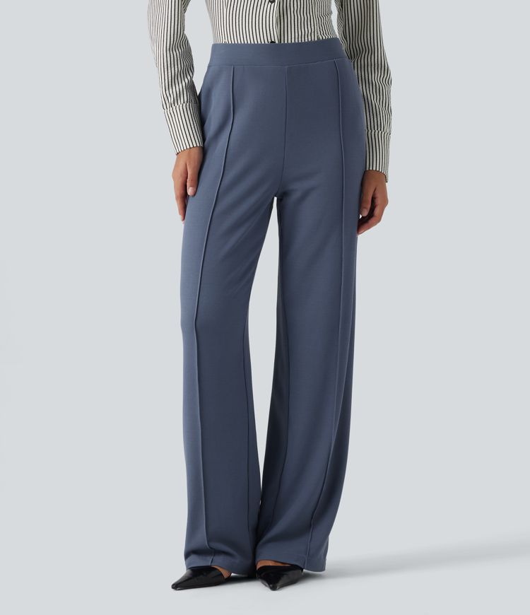 High Waisted Straight Leg Pintuck Waffle Work Pants with Pockets