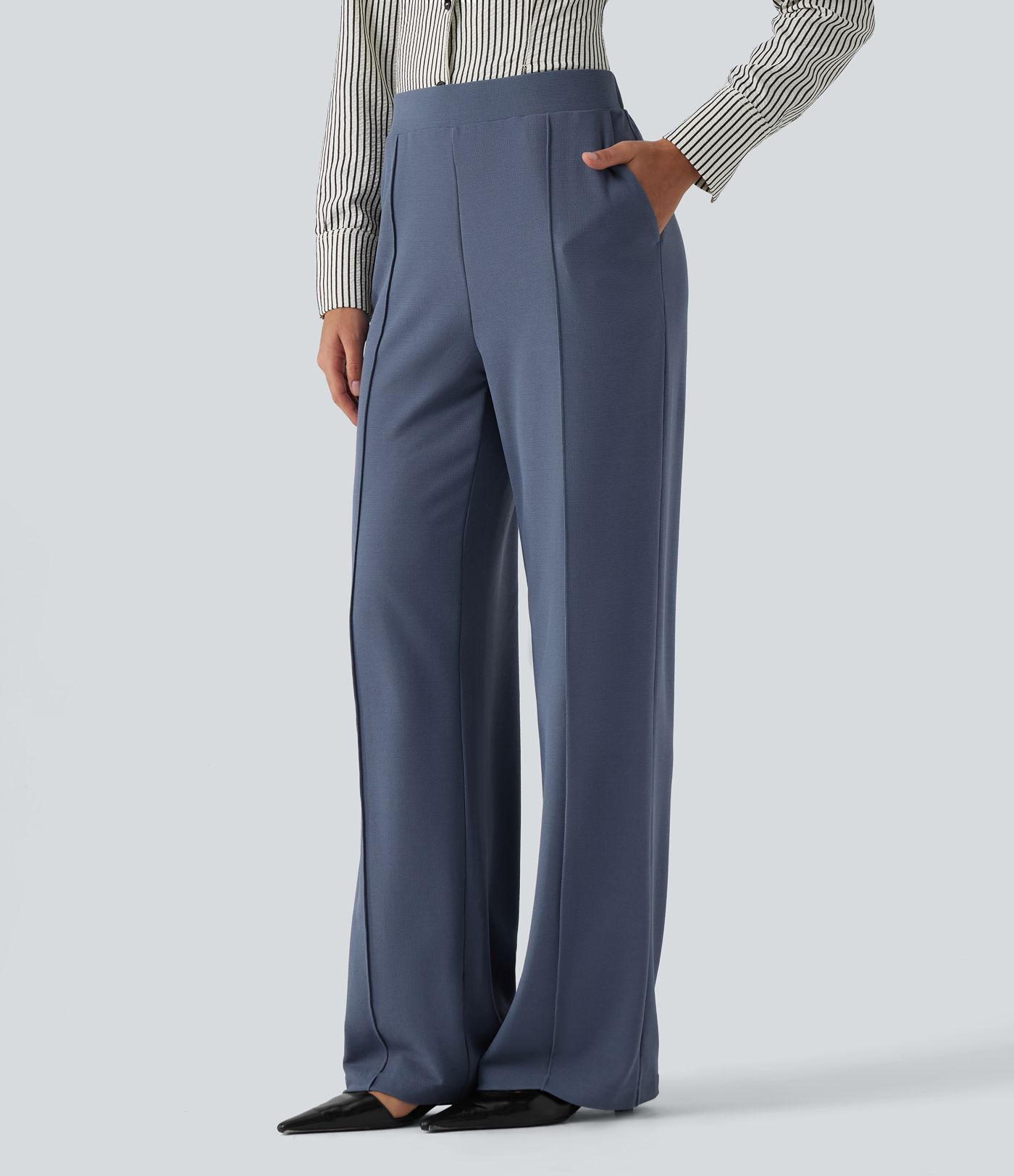 High Waisted Straight Leg Pintuck Waffle Work Pants with Pockets