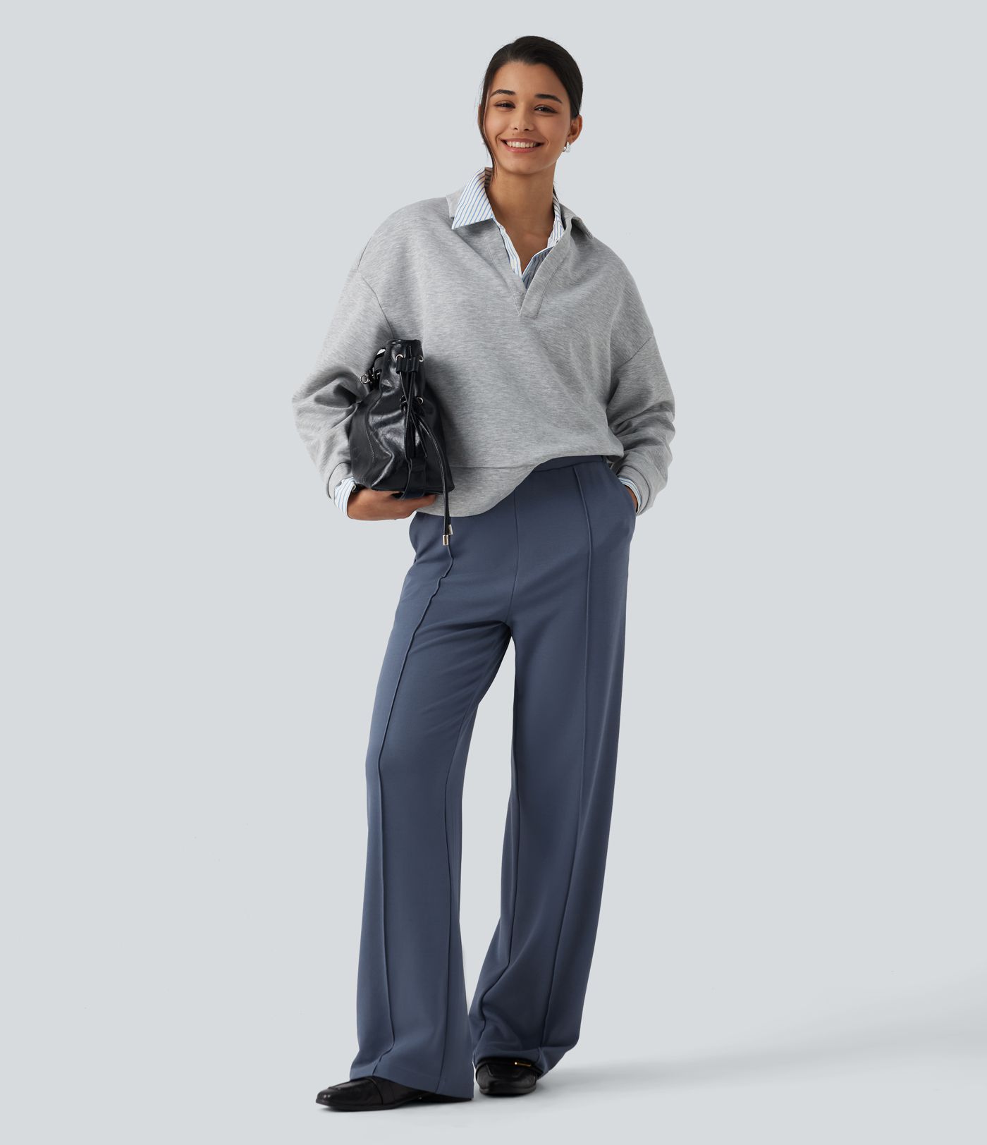 High Waisted Straight Leg Pintuck Waffle Work Pants with Pockets