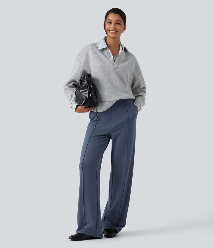 High Waisted Straight Leg Pintuck Waffle Work Pants with Pockets