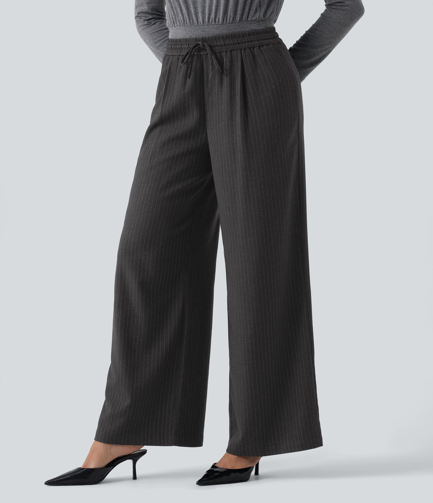 Pantalon baggy à rayures taille mi-haute, cordon de serrage et poches Pantalon baggy à rayures taille mi-haute, cordon de serrage et poches