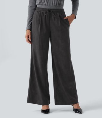 Pantalon baggy à rayures taille mi-haute, cordon de serrage et poches Pantalon baggy à rayures taille mi-haute, cordon de serrage et poches
