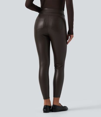 High Waisted Stretchy PU Fleece Casual Leggings with Pockets