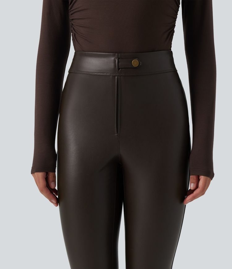 High Waisted Stretchy PU Fleece Casual Leggings with Pockets