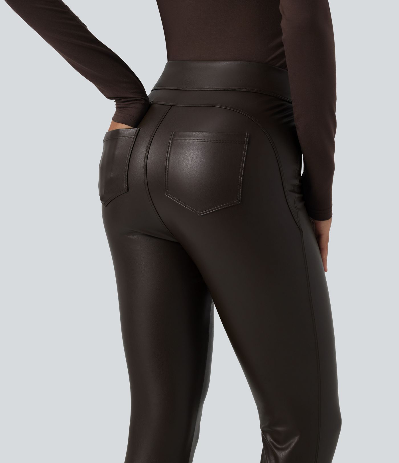 High Waisted Stretchy PU Fleece Casual Leggings with Pockets