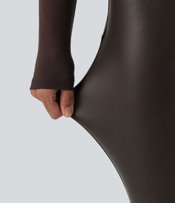 High Waisted Stretchy PU Fleece Casual Leggings with Pockets