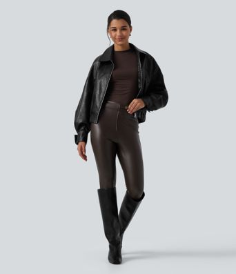 High Waisted Stretchy PU Fleece Casual Leggings with Pockets