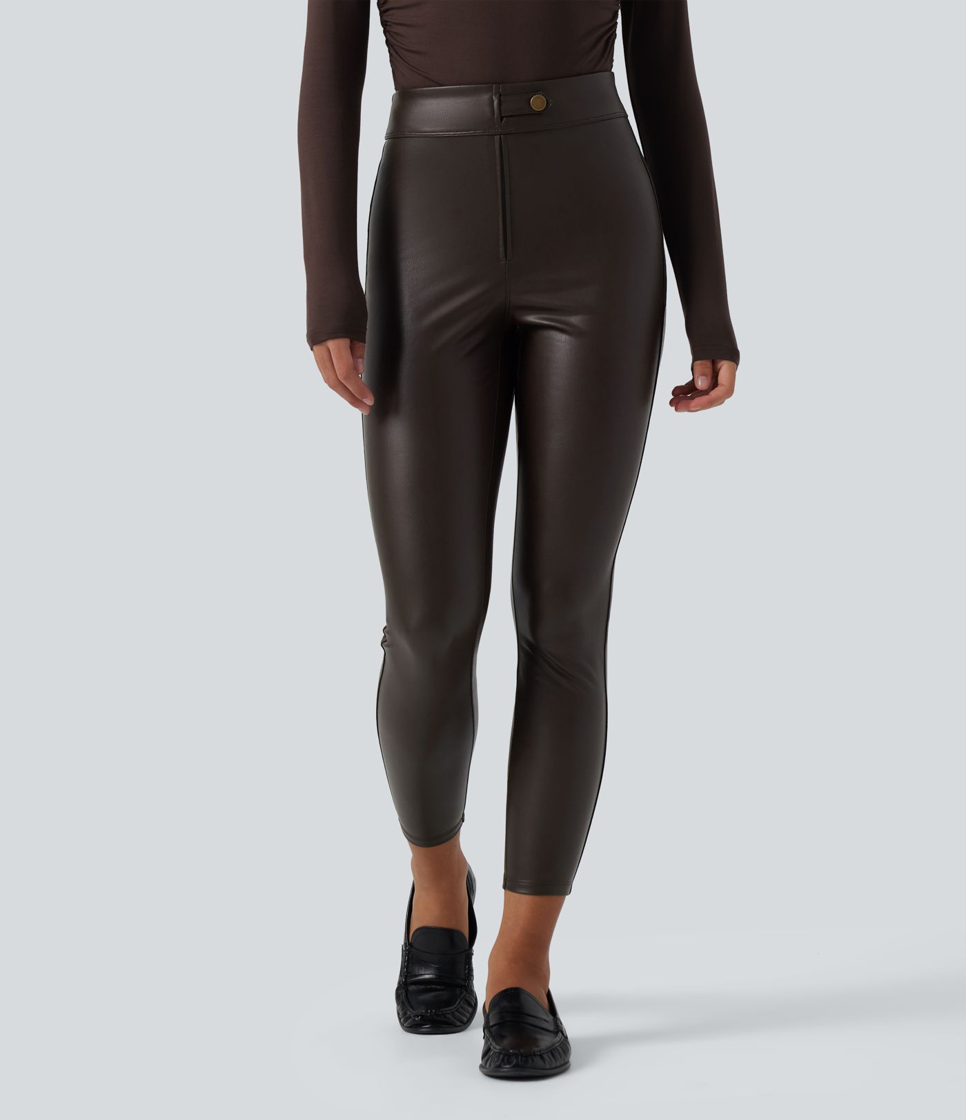 High Waisted Stretchy PU Fleece Casual Leggings with Pockets