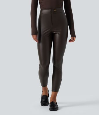 High Waisted Stretchy PU Fleece Casual Leggings with Pockets