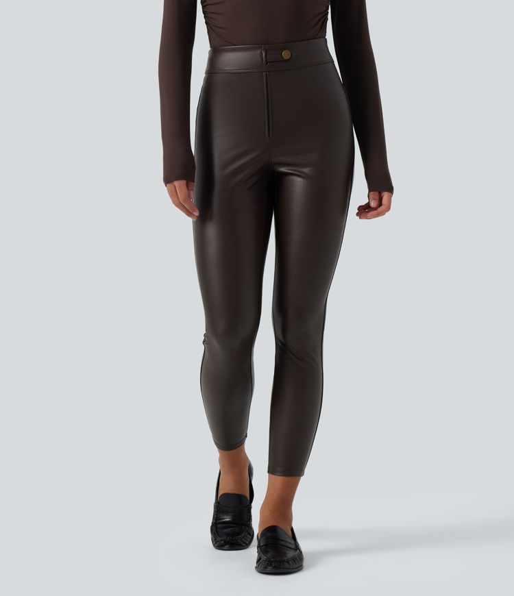 High Waisted Stretchy PU Fleece Casual Leggings with Pockets