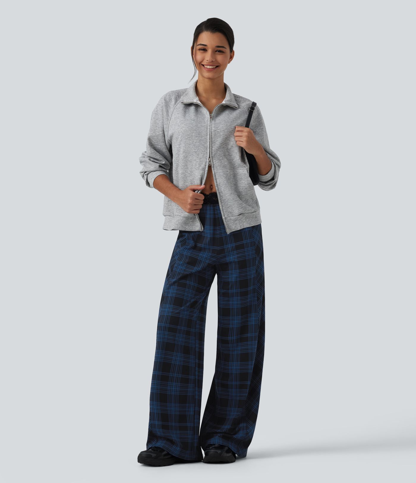 Halara UltraSculpt™ High Waisted Plaid Contrast Lace Baggy Casual Pants with Pockets